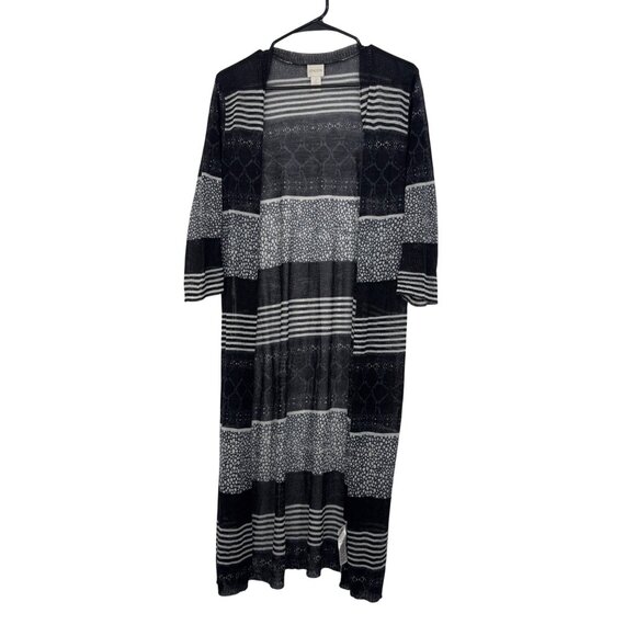 Chicos Women Long Open Front Duster Cardigan Sweater Size 2 Black&White Striped - Picture 1 of 12